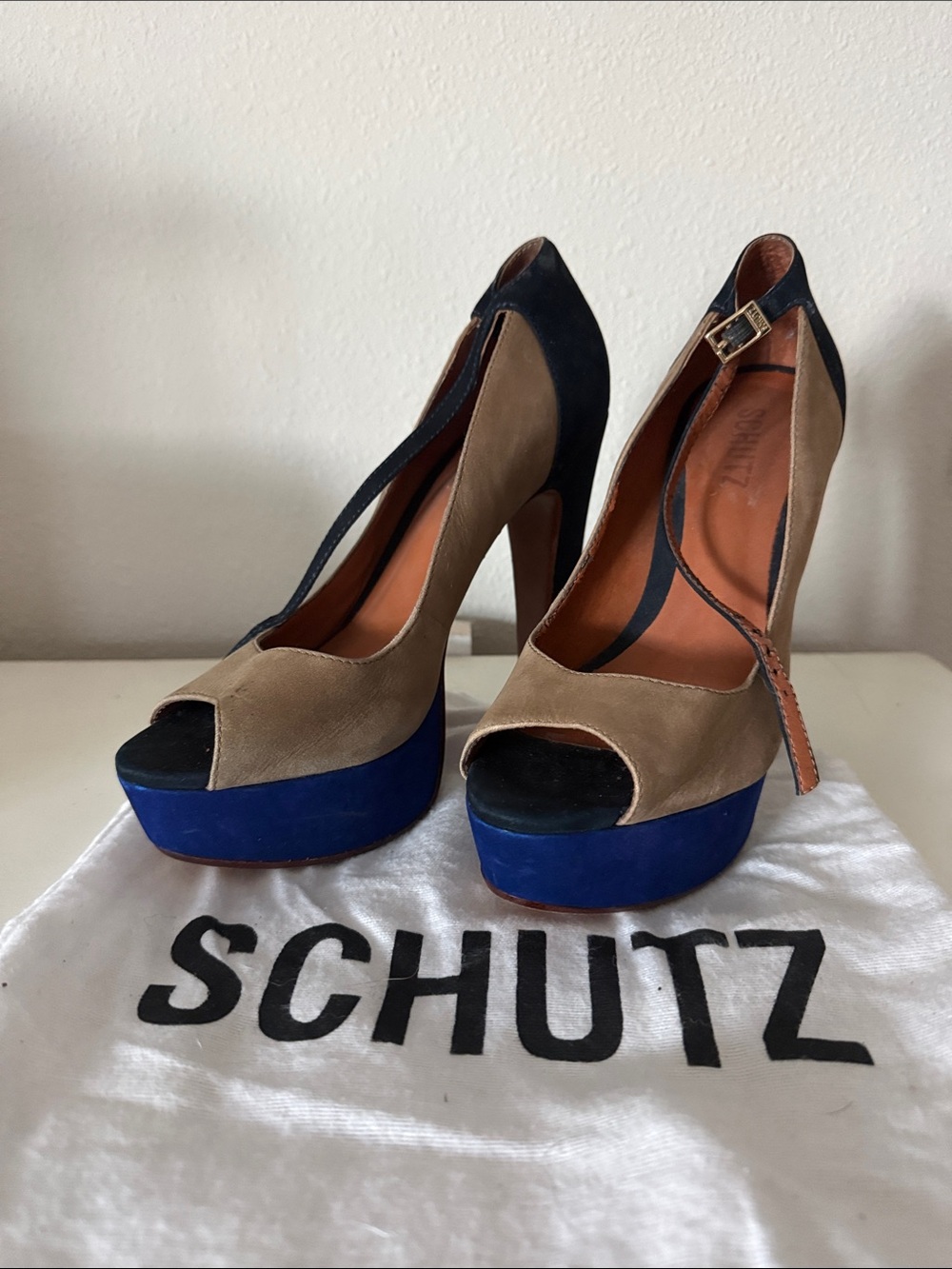 SCHUTZ Tan, Black & Blue Suede Platform Peep-Toe Heels